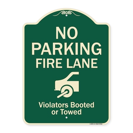 Signmission Designer Series-No Parking Fire Lane With Graphic Violators Booted Or Towed, 24" x 18", G-1824-9962 A-DES-G-1824-9962
